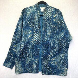 Coldwater Creek Crinkle Open Front Cardigan Womens 1X Teal Blue Sequin XL
